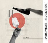 Small photo of Contemporary art collage. Conceptual image. Two hands image. Wine pouring into glass. Degustation. Retro design. Take a break and drink wine. Concept of holiday, alcoholic drink, winery, artwork
