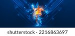 Small photo of Creative artwork. Young man, sportive football player training isolated on dark blue background with polygonal and fluid neon elements. Concept of sport, activity, creativity. Copy space for art, text