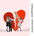 Small photo of Love triangle and relationship. Couple in love and rival standing over drawn breaking heart. Ideas, art, aspirations, emotions and feelings. Contemporary art collage
