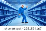 Small photo of Funny worker, mechanic or builder dancing during shopping. Portrait of man buying necessary equipment, special goods. 3D model of supermarket. Sales, ad, shopping, discount, american lifestyle concept