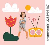 Small photo of Little dancer. Happy smiling boy, kid dancing. Creative collage, artwork with drawings, doodles and illustration elements. Happy time, music, happiness, joyful childhood concept