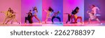 Small photo of Collage of energetic young hip-hop dancers in motion over multicolored background in neon light. Street style. Concept of music, dance, motion, action, rhytm, youth. Banner, flyer