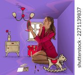 Small photo of Young beautiful woman sitting in imaginary children's room among her kids toys. Concept of adult infantilism, comfort zone, attachment to parents, unwillingness to take responsibility. Art collage