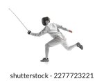 Small photo of Dynamic portrait of male athlete in fencing costume with sword in hand in action isolated on white studio background. Concept of sport, competition, professional skills, achievements.