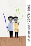 Small photo of Little pranksters. Contemporary art collage with two funny boys, siblings with hands on each other's shoulders over white background. Concept of relationship, childhood, human emotion, friendship, ad