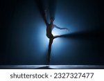 Elegant silhouette of elegant young girl, ballet dancer dancing on stage against dark blue background with spotlight. Concept of art, classical ballet, creativity, choreography, beauty, ad