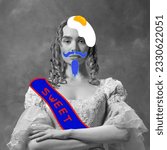 Small photo of Contemporary art collage. Young woman, royal person, queen with drawings on face, moustache and egg. Black and white. Concept of comical art, surrealism, comparison of eras, imagination, ad