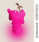 Small photo of Image of young lady sit down on 3d neon pink shapeless figure over white background. Concept of curiosity, imagination, abstract, people and ad. 3d