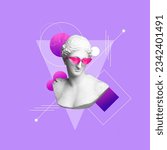 Small photo of Contemporary art collage with greec goddess with pink glasse against purple background with abstract elements. Concept of creativity, art, party, music. Ad