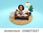 Sick woman with giant head and small body sitting on sofa covered blanket at home, in room isolated blue background. 3d-rendering island. Concept of art, emotions, quarantine, humor, allergy. Ad
