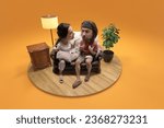 Arguing man and woman with giant heads and small bodies sitting on sofa at home, in room isolated orange background. 3d-rendering island. Concept of art, emotions, quarantine, humor, relationships. Ad