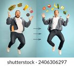Influence of healthy lifestyle and nutrition on human body and well-being. Two young men with different eating habits look differently. Concept of weight loss, selfcare, body positivity. Copy space.