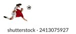 Small photo of Masterful Airborne Maneuver. Sportsman, professional soccer player kicks ball against white background with negative space to insert text. Concept of sport games, hobby, world cup season, movement. Ad