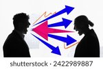 Small photo of Poster. Contemporary art collage. Couple arguing and arrows flying out of their mouths symbolize rudeness and aggression. Concept of conflict, break, mental pressure, relationships. Ad
