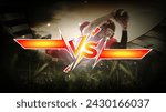 Small photo of Graphic banner for versus matchups. illuminated in red-yellow inscription with empty space for your text against photo with American football player on field. Concept of sport matches, championship.