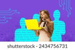 Small photo of Modern aesthetic artwork. Shocked woman using laptop while silhouettes with encode stands behind her and monitors actions. Personal data protection. Concept of cybersecurity, digital crime, safety. Ad
