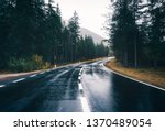 Road in the spring forest in rain. Perfect asphalt mountain road in overcast rainy day. Roadway with reflection and pine trees. Vintage style.  Transportation. Empty highway in foggy woodland. Travel