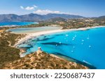 Small photo of Aerial view of beautiful sandy beach, old tower on the hill, sea bays, mountains at summer sunny day. Porto Giunco in Sardinia, Italy. Top view of blue sea with clear water, white sand, mountains