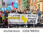 Small photo of Dublin, Ireland - September 24th 2022 Protesters gather at the cost of living coalition march in Dublin with a sign reading "we can't afford to live"