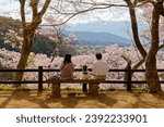 Small photo of A couple picnic on a wood bench under Sakura trees, enjoying the panoramic view and Hanami (a leisure activity of admiring cherry blossoms in spring), in Takato Castle Ruins Park, Ina, Nagano, Japan