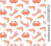 Seamless pattern with sea food, shrimps, squids and crabs. Cartoon vector illustration