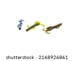 Small photo of Three plastic critter lures for swimming creature bait isolated on white background. Big flappers with swimming arms and double curltails for artificial bass fishing terminal tackle.