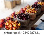 Small photo of Red sweet cherry and yellow Rainier cherry in wooden baskets on shelves display at roadside market stand in Santa Rosa, Destin, Florid, homegrown fruits summer harvest stall. Organic food local grow