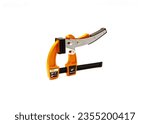 Small photo of Front view 4 inches gear bar clamp with quick push rapid action ideal for projects requires constant use of clamping and unclasping isolated on white background. Up to 600 lbs of clamping force