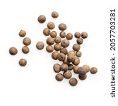 Small photo of Isolated scattering of allspice on white background