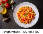 Fusilli pasta, spiral or spirali pasta with tomato sauce  - Italian food style