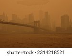 Small photo of New York, NYUSA, 6723: Wild Fire Smoke in New York City, Canadian Fires, Smog, Haze, Brooklyn, Brooklyn Bridge, Dumbo, East River, Smoke, 2pm, Orange Skyline