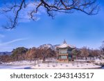 Gyeongbokgung Palace in winter covered with snow in Seoul, South Korea.
Tourist attractions that are popular with tourists and photographers.