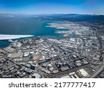 Aerial view of San Francisco Airport KSFO SFO and the Bay California USA