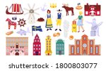 Sweden symbols set with Stockholm city buildings, sightseeings and landmarks, swedes people vector illustrations. Scandinavian culture, nordic ship, map and flag, travel souvenirs.