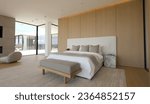Small photo of California, 20 September 2023: Luxurious Bright Bedroom With Comfortable King Size Bed and Modern Furniture. Template For Expensive Residential Mansion. Concept For Interior And Architecture.
