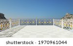 3D render for project. Wrought iron railing. Handrails. Forging metal. White. Gold decor. Balcony. Terrace. Architecture. Luxury hotel. Sea view. Vacation. Metal work. Iron fences. Blacksmithing.