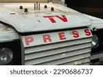 Small photo of Reuters Press and Media Land Rover Vehicle Used in Combat Zones. On display at The Imperial War Museum London. April 17 2023.