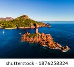 French Riviera, Côte d'Azur, aerial view of the Ile D'or coastline at sunset in the south of France