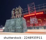Small photo of Manchester, United Kingdom. 01.08.2023 , Manchester United , Old Trafford Stadium. United Trinity Statue, George Best, Denis Law and Bobby Charlton reaching for the Stars.