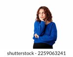 Small photo of Cute woman wearing blue knitted sweater standing isolated over white background Lean head on palm hand and looks very thoughtful. Doesn't know what to do and in a predicament.