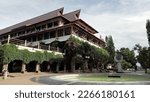 Small photo of Bandung West Java, Indonesia, Feb 23, 2023 : Close up of one famous landmark building in ITB (Institut Teknologi Bandung) or Bandung Institute of Technology Campus. Heritage building in Bandung city