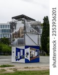 Small photo of Berlin Germany August 27, 2023: A new building is to be built at the ruins of the Anhalter Bahnhof: the Exilmuseum, which deals with flight and expulsion. An information pillar has been erected.