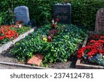 Small photo of Berlin Germany October 11, 2023: Honorary grave of the state of Berlin for Marlene Dietrich at the Schoneberg III cemetery. The actress was born in Schoneberg in 1901.