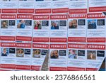 Small photo of Berlin Germany Oct. 18, 2023: Poster showing missing persons cases of innocent civilians kidnapped by Hamas and taken to the Gaza Strip on October 7 as part of the conflict with Israel.