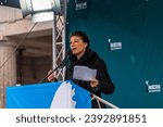 Small photo of Berlin Germany November 25, 2023: Sahra Wagenknecht speaks at a rally against German arms policy. She speaks out against arms exports and additional spending on the military.