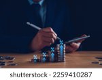 Fund trading concept. Businessman planning long-term investments, buying DCA mutual funds, analyzing economic trends, stock market volatility, taking high investment risks. Fund management, coins.