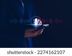 Voice recording. Man touching microphone icon on smart phone. Mobile application Record sound, audio, music, voice message. or Use your voice to direct AI to search for information on Internet.