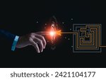 Small photo of Maze business problem concept. Overcoming the barriers. Conquering the obstacles. Way to success and business solutions. Exit strategy. plane breaking through the maze on dark background