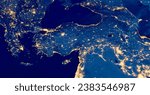 Small photo of Turkey country at night from space, satellite photo. City Lights of Turkey, Europe, Middle East, Black Sea, Mediterranean Sea from space. Elements of this image furnished by NASA.