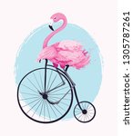 cute flamingo on vintage bike... | Shutterstock .eps vector #1305787261